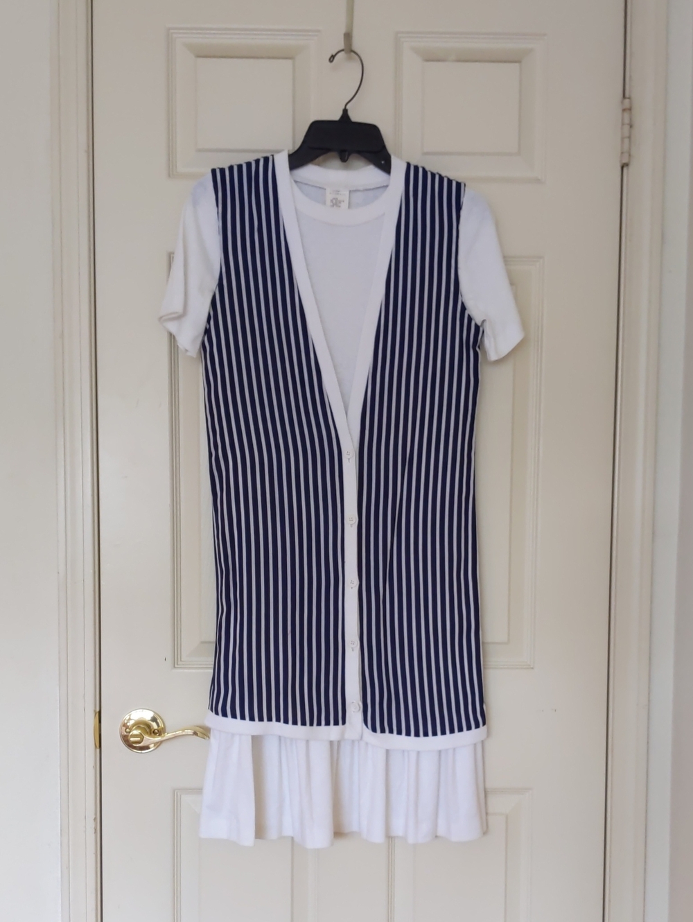 VTG Toni Petite Blue Stripes Long Vest W/White Short-Sleeve Ruffle-Hem Dress 2PC
